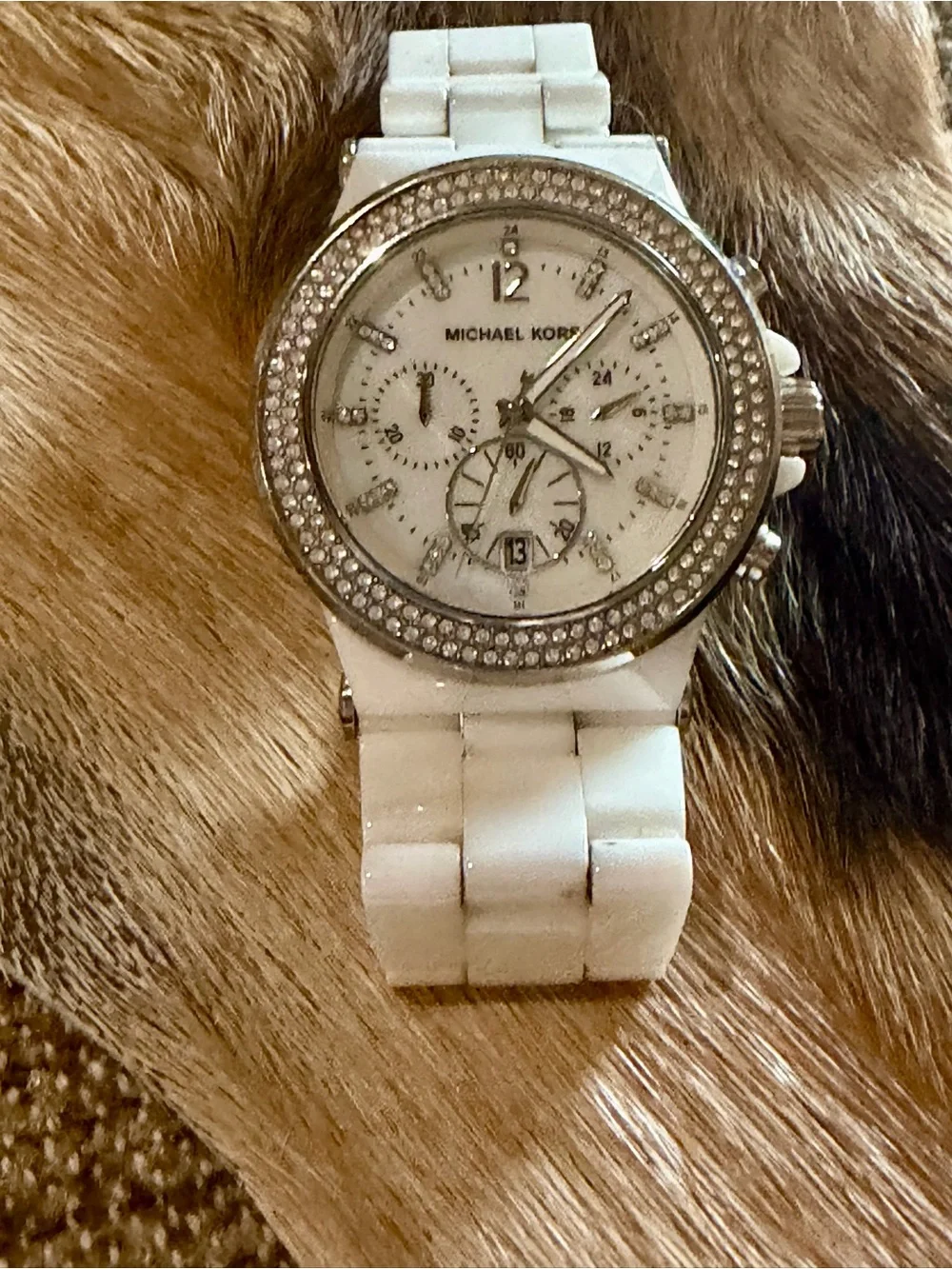 Michael Kors White Ceramic Crystal Bezel Chronograph Watch